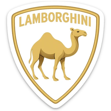 luxury car badge style Lamborghini logo with a shield shape, gold and black colors, featuring a bold and elegant dromedary camel instead of the bull sticker