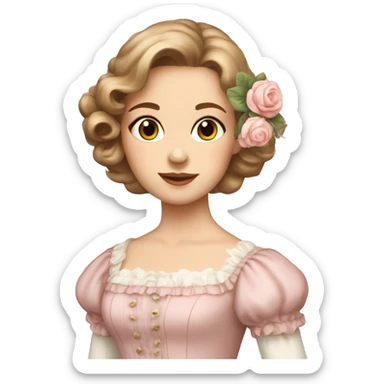 Girl with light brown hair in a regency style light pink dress with flower pattern regency hairstyle  sticker