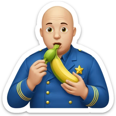 bald a bit fat man in a blue uniform eats a toxic green banana that radiates sticker