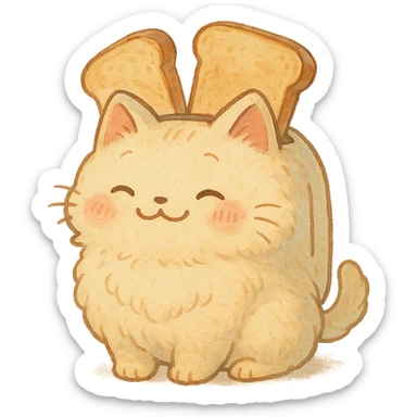 chibi toaster as a soft, fluffy cat, smiling sweetly with two toast slices popping out, pastel tones, full-body sticker