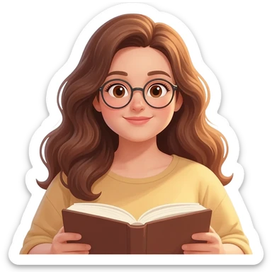detailed emoji illustration of a curvy woman with long chestnut brown wavy hair, light brown eyes and round glasses, sitting comfortably and reading a book, warm sunlight, peaceful atmosphere, emoji style sticker