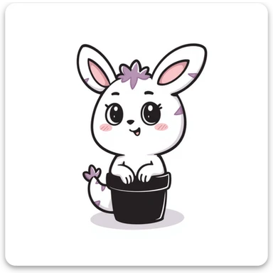 Kawaii bunny plant dragon in Samriel style, tiny spikes, extremely cute, exaggerated proportions, huge sparkly eyes, soft rounded shapes, blushing cheeks, pastel colors with pink and purple tones, delicate linework, small mouth, adorable expression, slightly sketchy lines but clean overall look sticker