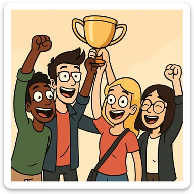 four diverse students in a warm atmosphere lifting a trophy, modern cartoon style, joyful expressions, simple background, bright colors sticker