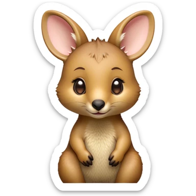 Cinematic Cute Wallaby Portrait Emoji, Head tilted playfully and inquisitively, featuring a glossy tan fur with delicate brown accents and a charming, alert expression, round, sparkling eyes filled with gentle curiosity, Simplified yet irresistibly adorable features, highly detailed, glowing with a warm, friendly glow, high shine, affectionate and bouncy, stylized with a touch of outback whimsy, bright and endearing, soft glowing outline, capturing the essence of a mischievous yet loving wallaby, so playful it feels like it could skip out of the screen into your arms! sticker