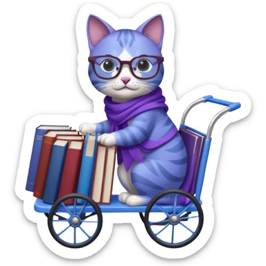 Purple and blue cat, with glasses and a shawl, pushing a 4 wheeled cart full of books sticker