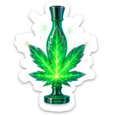 modernus prabangus eliksyro buteliukas, kanapės lapo forma arba su kanapės motyvais, ryški žalia spalva, holografiniai ir sidabriniai ornamentai, maksimaliai stiprūs magiški švytėjimai ir efektai, labai mažas kaklelis, skaidrus fonas, vientisas dugnas, be šešėlio, plūduriuoja ore, kolekcijos stilius sticker