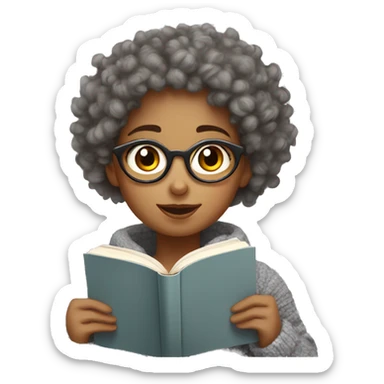 Curly haired girl with grey cozy sweater reads a book sticker