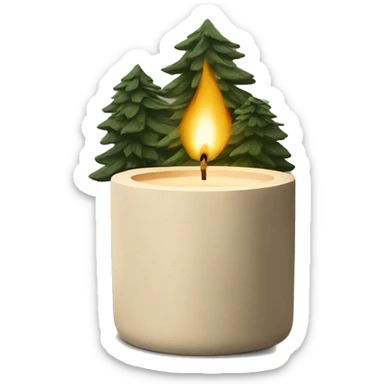 Candle in beige concrete vessel with painted pine trees sticker