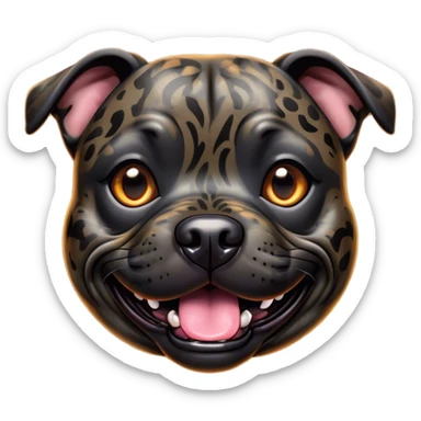 Cinematic Comical Black/Brindle Staffordshire Bull Terrier Portrait Emoji, Head tilted dramatically with an exaggeratedly amused expression, featuring a striking Fur with bold black and brindle patterns, wide, expressive dark eyes filled with playful disbelief, Simplified yet hilariously expressive features, highly detailed, glowing with a slightly sassy glow, high shine, dramatic yet playful, stylized with an air of cheeky mischief, bright and endearing, soft glowing outline, capturing the essence of a spirited and over-the-top guardian, so meme-worthy it feels like it could side-eye its way into internet fame instantly! sticker