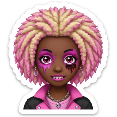girl, zombie,pink and blonde afro, medium long, emo, shaggy, dark, spooky,double eyebrow dermal piercing, cute illuminous smile sticker