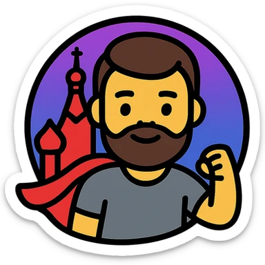 A hero emoji inspired by Moscow, featuring a character with a beard and short hair, wearing a gray t-shirt, with a purple and blue gradient background sticker
