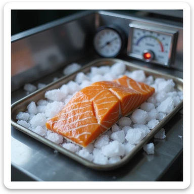 realistic 4K image of orange salmon fillet on a tray inside a blast chiller cell, with dry ice and thermometer showing very low temperatures sticker