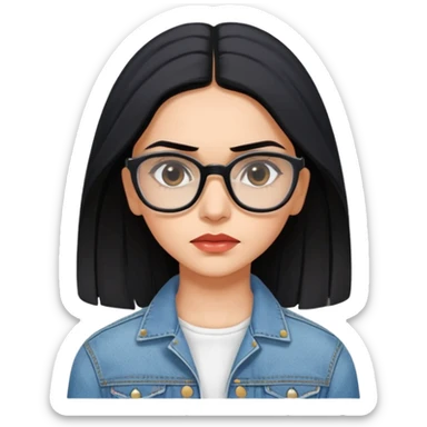 generate a pretty bratz emoji 
Make her wear a white dress with a denim jacket over it. black hair side part 

She should look exactly  like Deepika padukone. wearing tiny rectangular spectacle, looking sad sticker