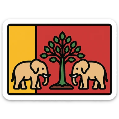 flag design with red and yellow background, syrissa tree at center, elephants symmetrically arranged on either side sticker