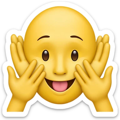 Yellow face emoji with tongue out and hands to the side hugging face hands facing away from face. sticker
