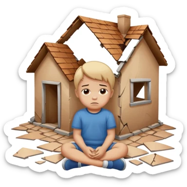 apple style emoji of a small child sitting on the floor, broken houses around, sad face sticker