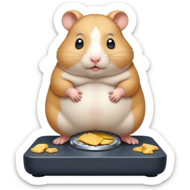 fat hamster big belly stepping on a broken scale looking guilty with a tear sticker