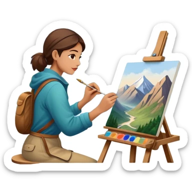 Artist painting a beautiful mountain peak destination on canvas sticker