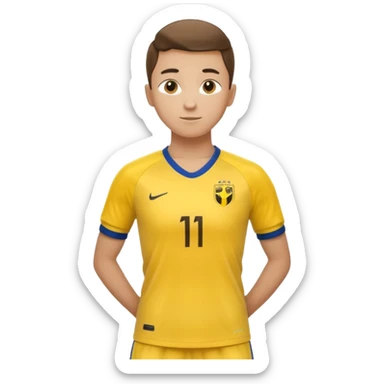 Apple emoji style 23 year old soccer player standing hands on waist, yellow jersey #11, soft shadows sticker