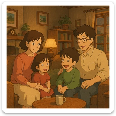a family of four in a cozy living room, detailed ghibli style, warm lighting, inviting and peaceful sticker