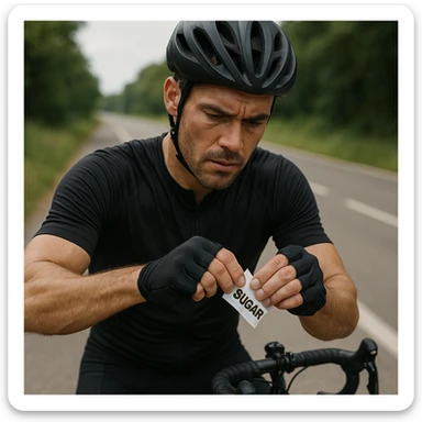realistic 4K quality image of a cyclist athlete stopping and opening a sugar packet for quick energy recovery, determined expression, road or bike path background, natural light sticker
