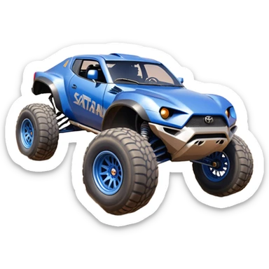 Satan’s evil night blue Dirty and dented Local Motors Rally Fighter off road race car hot rod meets Toyota 86 trophy truck-style basher flying on a dusty road (silver wheels) sticker