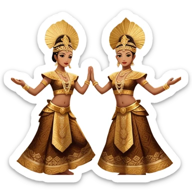 ​Cinematic Realistic Traditional Javanese Dancers, depicted as two graceful dancers in ornate traditional costumes with intricate batik patterns and elaborate headpieces, captured in dynamic poses during a ritual dance in an ancient temple courtyard, rendered with soft golden lighting and rich cultural textures, sticker