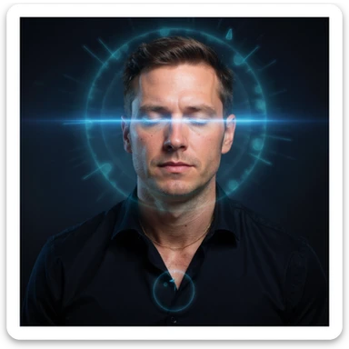 Vertical portrait of a man's face in a realistic professional photography style. The eyes are closed in meditation with a luminous aura around the face. Include symbols of cellular renewal. The atmosphere conveys inner peace during fasting. sticker
