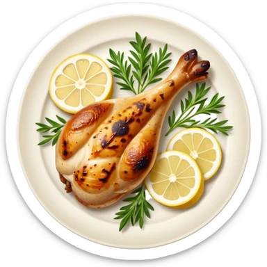 Draw a grilled chicken leg on a plate with herbs & lemon slices. sticker