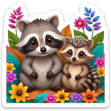 Collage of an exotic raccoon and a hedgehog, both with cute expressions, sitting together on a bed of colorful leaves and flowers. The raccoon is holding a shiny object, while the hedgehog curls up in a playful pose. Bright, nature-inspired background with vibrant colors. sticker