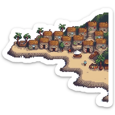 coastal village scene in pixel art style sticker