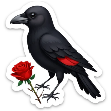 A crow with a white rose with red in its beak sticker