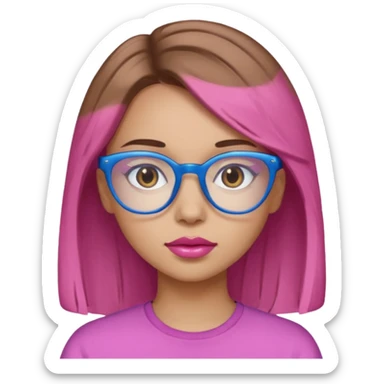 A girl with light skin, brown eyes, blue glasses, pink lips, and light brown hair. sticker