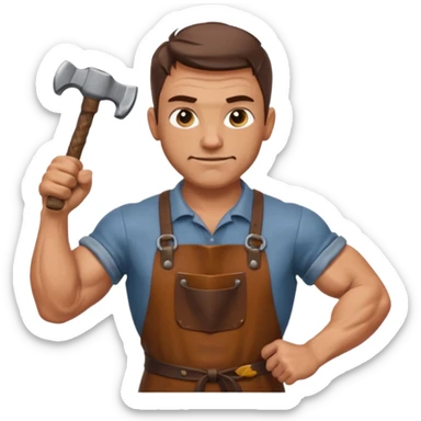 Emoji portrait of a Celtic blacksmith. Work clothes, muscular arms, holding a hammer and wearing a leather apron. sticker