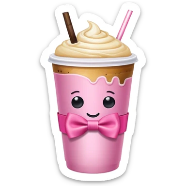 Iced coffee in a cute pink cup with a bow tie sticker