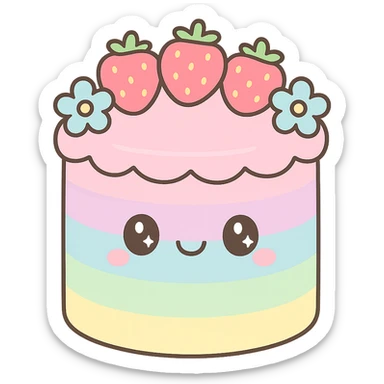 pastel rainbow wedding cake with strawberries, pastel blue flowers, no topper, kawaii style sticker