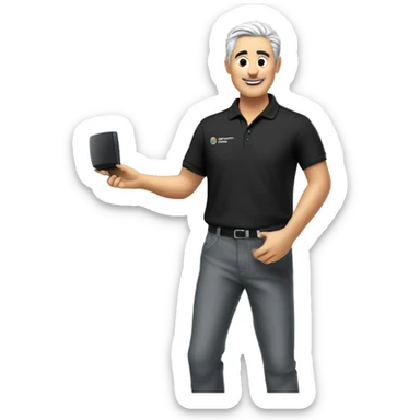 Technician with grey hair wearing a black polo shirt installs a TV onto a white wall of an exhibition stand sticker