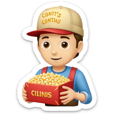 persona vendiendo palomitas en el cine, con gorra y delantal, sosteniendo una caja de crispetas sticker