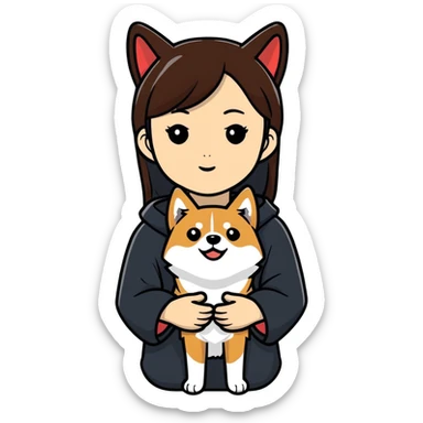 Asian girl with dark brown hair and a black shiba inu sticker