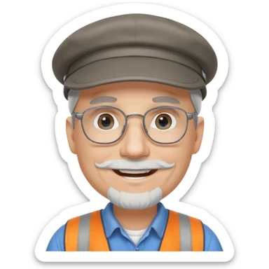 Older cute white male, grey goatee, grey Irish flat cap, smiling,handyman, blue eyes wire rim glasses, goatee sticker