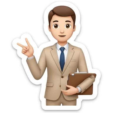 professional character standing and gesturing with one hand, while holding a clipboard or tablet in the other. The character wears smart casual business attire. sticker
