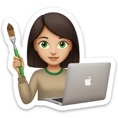 happy Graphic designer whit a MacBook, him eyes green color and dark brown hair, he is paint artist sticker