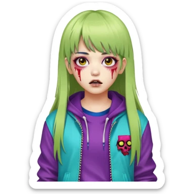  portrait-of-a-zombie-k-pop-idol,-wearing-a-stylish-streetwear-outfit-with-layered-colorful-clothing,-long-hair-with-bangs,-makeup,- sticker