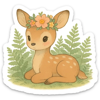 baby deer with a flower crown, surrounded by ferns, soft pastel colors, ghibli style sticker