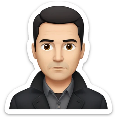 Broad-shouldered Hispanic man in his 50s, light brown complexion, square face with defined jawline, short straight black hair combed back with faded sides, thick eyebrows, black coat with gray buttoned-up shirt sticker