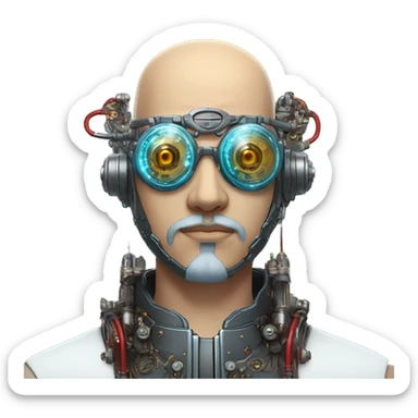  Bald Asian male cyborg head with light blue beard, red steampunk goggles and circuits sticker