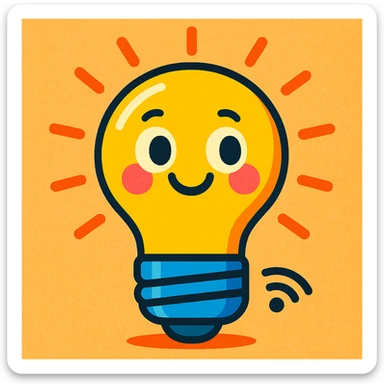 smart lightbulb, playful cartoon style, bright colors, smiling face sticker