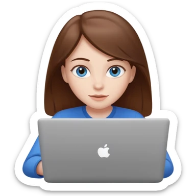 girl with brown hair and blue eyes, white skin, friendly expression, working on a laptop sticker