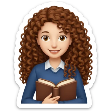 Long Hair Women with Book, Brown curly hair, happy

 sticker