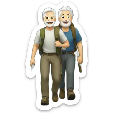 Older men with white hair and younger man with brown hair and a beard hiking up a hill sticker